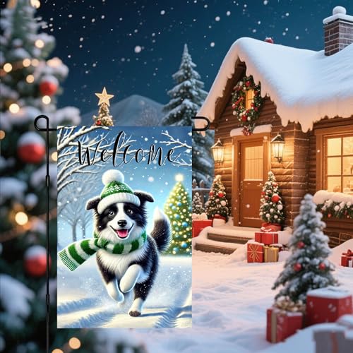 Image of BlissYard Garden Flag Border Collie Winter 12x18 Inch Polyester