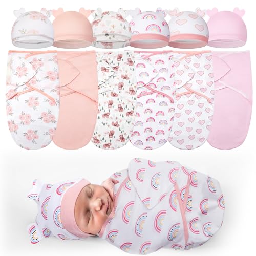 Image of Ramede 6 Pack Preemie Swaddle Blanket with Hats Sleep Swaddle for Baby Boy Girl Preemie Newborn Sacks Soft Cotton Wearable(Heart,Pink)
