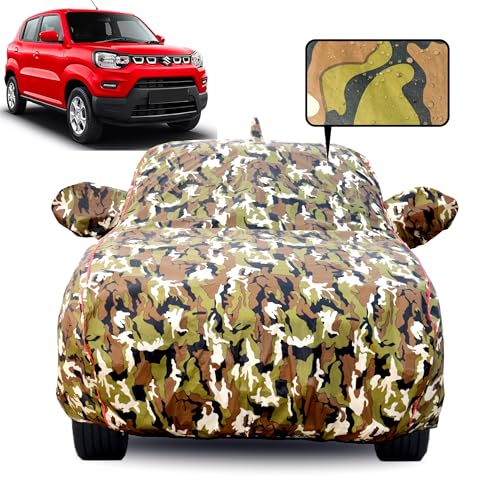Image of Waterproof Car Body Cover for Maruti Suzuki S-Presso with Mirror Pocket, Soft Cotton Lining, Triple Stitched, Full Bottom Elastic (Heat Resistant Jungle Print with Red Piping)