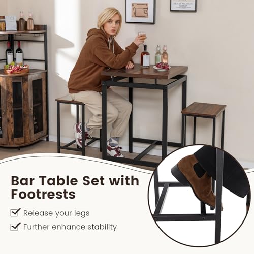 COSTWAY 3 Piece Bar Table Set, Metal Frame Dining Table and 2 Stools with Floating Countertop & Footrests, Space-saving Counter Height Breakfast Kitchen Table Chair Set for Dining Room Pub - Image 4