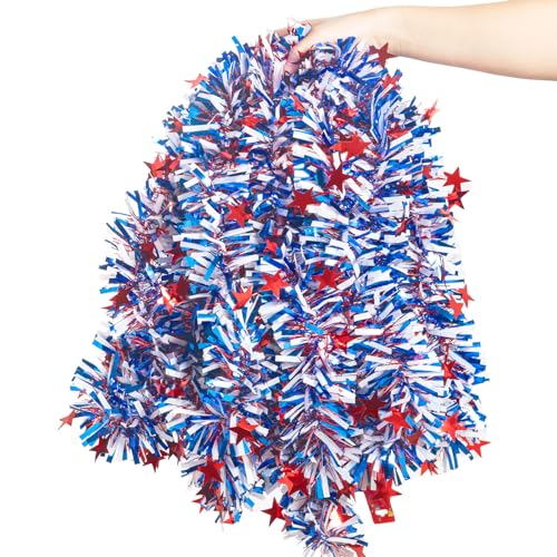 Image of 33FT 4th of July Patriotic Tinsel Garland Red White Blue Metallic Twist Foil Tinsel Garland with Star Shiny Hanging Decorations for Independence Day Memorial Day Celebration Party Decoration