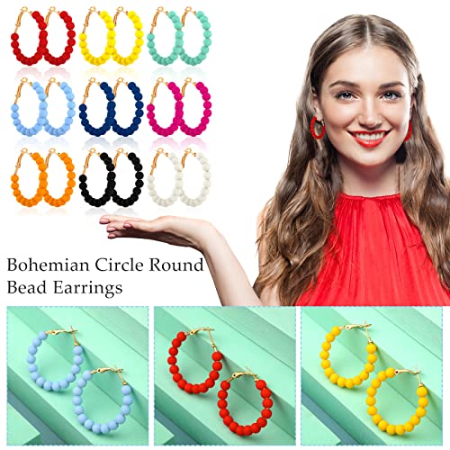 Bonuci 9 Pairs Beaded Hoop Earrings for Women Bohemian Bead Earrings Mixed Color Dangle (Bright Colors,Acrylic)3