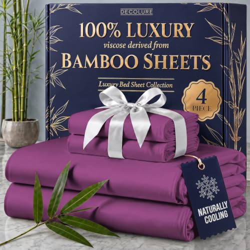 Image of DECOLURE 100% Viscose Derived from Bamboo Sheets Queen Size - Luxury 4 Pc Naturally Cooling Sheets, Ultra Soft Bed Set - Deep 17 inch Pockets, Durable Double Stitching, Oeko Tex Standard (Purple)