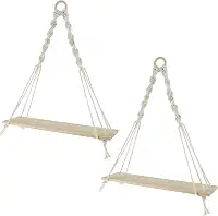 2 prateleiras suspensas de corda de algodão macramê, estilo boho, 2 prateleiras, montagem na parede, ajustável, 38 x 35 x 10 cm