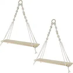 2 prateleiras suspensas de corda de algodão macramê, estilo boho, 2 prateleiras, montagem na parede, ajustável, 38 x 35 x 10 cm