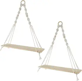 2 prateleiras suspensas de corda de algodão macramê, estilo boho, 2 prateleiras, montagem na parede, ajustável, 38 x 35 x 10 cm