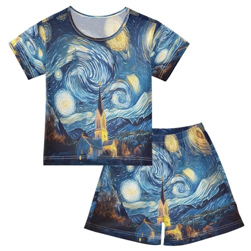 ALAZA Starry Sky House Van Gogh Pajamas Set Short Sleeve Cotton Sleepwear Summer Pjs 2 Piece 5-14Y