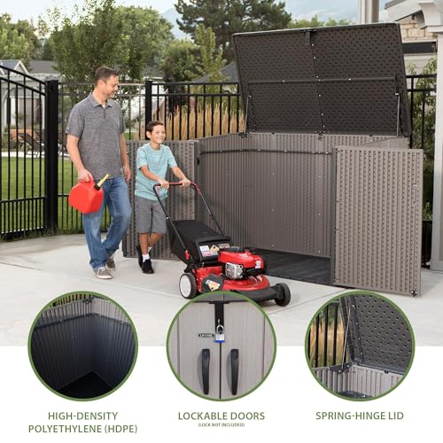 Image of LIFETIME Horizontal Outdoor Storage Shed, Weather Resistant Resin Storage Can Fit Two Large Garbage Cans, Lockable Doors, Spring‑Hinge Lid, Low‑Maintenance Backyard Utility Shed