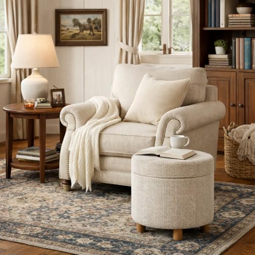 Image of HomePop 19 inch Round Storage Ottoman - Cream Chevron Woven