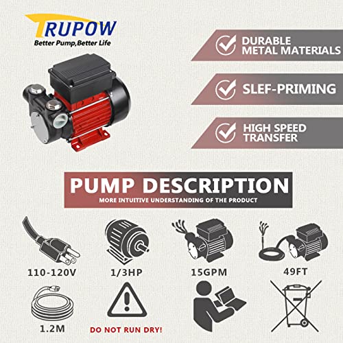 Trupow 110V Ac 15Gpm Electric Self-Priming Diesel Kerosene Oil Fuel Transfer Pump Kit W/Discharge Hose & Nozzle #TOP1
