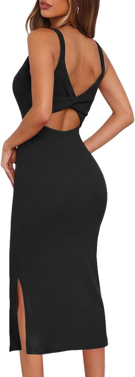 oten Women's 2026 Sexy Sleeveless Twist Backless Knitted Ribbed Side Split Bodycon Party Midi Length Dress