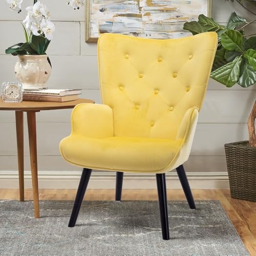 Image of Velvet Wingback Accent Chair for Living Room | Luxury High Back Tufted Armchair with Glossy Metal Legs | Modern Velvet Upholstered Lounge Chair for Home & Office | 1 Pc (Yellow)