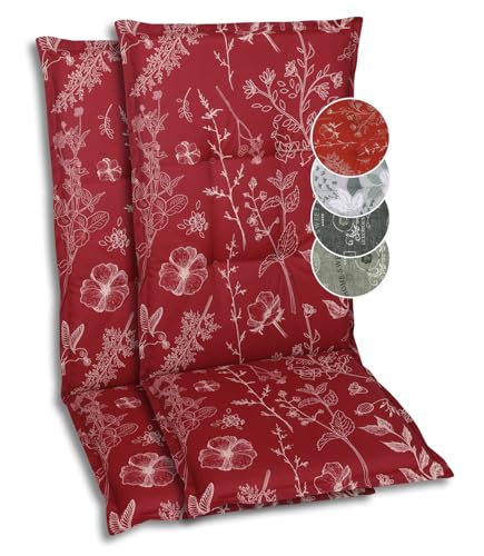GO-DE Textil Bequeme und attraktive Polsterauflagen für Hochlehner-Gartenstühle (2er-Set, Design: Floral Rot)