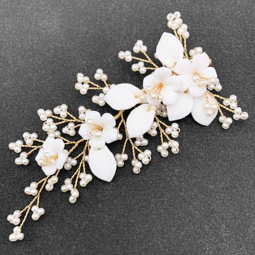Pinza para cabello con flor cerámica blanca miniatura 1