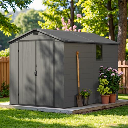 Image of Greesum 6x10FT Plastic Storage Shed with Floor, Resin Outdoor Storaged Sheds with Lockable Double Door, Window and Vents, All-Weather Tool Sheds for Garden, Patio, Backyard, Dark Gray