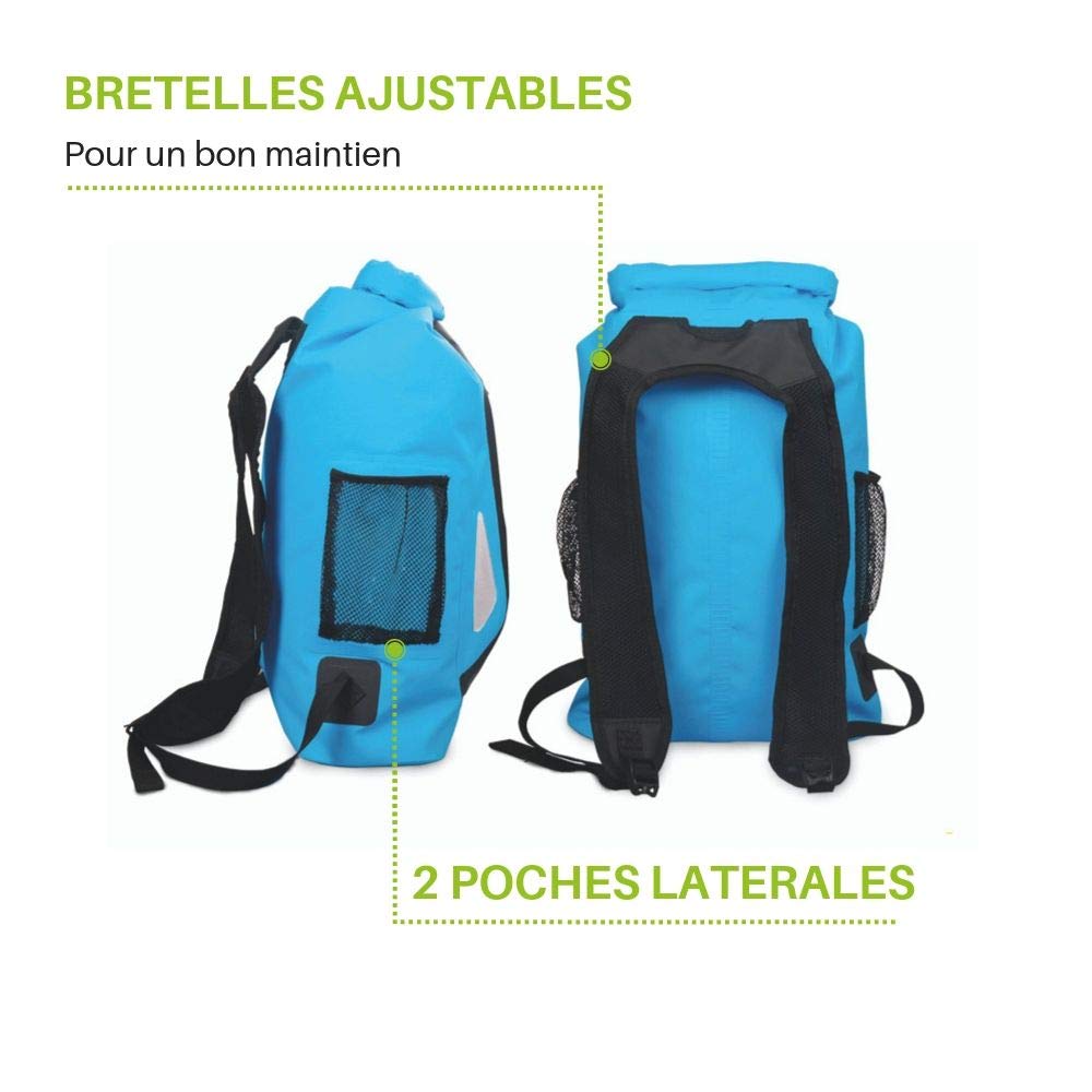 Wantalis - Zaino impermeabile da 25 litri + 1 tasca con cerniera e 2 tasche a rete, unisex, per adulti, blu, 45 x 32 x 20 cm