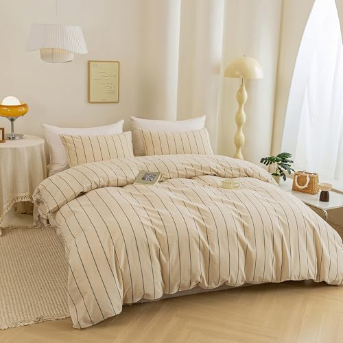 Image of ECOCOTT Striped Duvet Cover Queen Size, 100% Washed Cotton Linen Feel Comforter Cover, 3PCS Vertical Stripe Bedding Set with Zipper Closure & Corner Ties