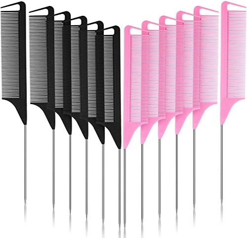 12 Pieces Parting Comb for Braids, Rat Tail Comb Pintail Comb Teasing Combs with Stainless Steel Pintail for Hair Styling Hairdressing (Black, Pink)