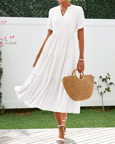 BTFBM Summer Dresses for Women 2025 Vacation V Neck Loose Short Sleeve A Line Tiered Flowy Casual Midi Beach Dress2