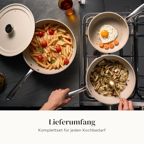 Sada keramických pánví Redchef 20/24/28 cm, nepřilnavá keramická pánev s keramickým povrchem, PTFE PFAS bez obsahu PFOA, vhodná na indukci pro všechny typy sporáků, vhodná do trouby Lze mýt v myčce (béžová)