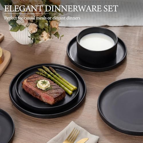 Image of E-far 24-Piece Stoneware Dinnerware Sets, Plates and Bowls Sets for 8, Kitchen Dinning Porcelain Ribbed Dishes Set, Chip & Scratch Resistant, Dishwasher & Microwave Safe, Matte Black