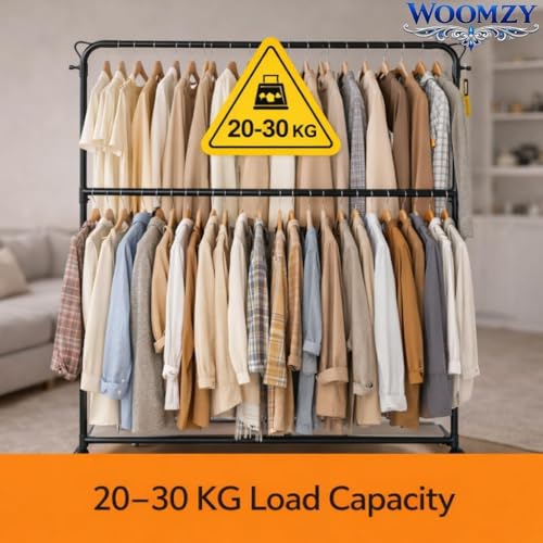 Image of WOOMZY Heavy-Duty Metal Hanger Stand for Clothes Hanging, Garment Stand Rack Clothe Storage Freestanding Cloth Hanging Stand for Bedroom, Entryway, Support for Side Back (Black-Round)