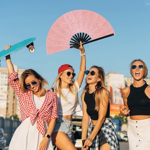 Image of Vercraft 13'' Large Rave Fan for Women Rave Accessories Festival Outfits Glitter Hand Folding Clack Fan for Line Dancing EDM Music Festival Outfits(Pink)