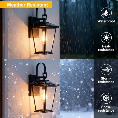 Image of Kalium Outdoor Wall Lights Fixtures Lantern Frame 16 1 /8 inch, Outside Lights Black Transitional Durable Metal, Clear Glass for Post Exterior Barn Deck House Porch Yard Patio Garage Garden