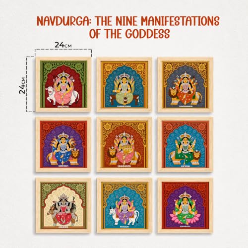 Image of Nine Forms of Nav Durga Wall Art Painting Set of 9 with Frames 9x9 Inch, Hindu Goddess Navratri Decorative Wall Paintings & Showpiece, Spiritual Religious Wall Decor for Living Room, Pooja Room