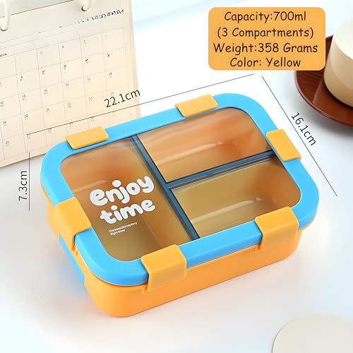 Image of Kids Tiffin Box Leakproof Lunch Box with 3 Compartments & Spoon | Food Grade BPA-Free Plastic Bento Lunch Box for School Boys & Girls | Airtight Snack Container for Kids & Office Use (700ml)