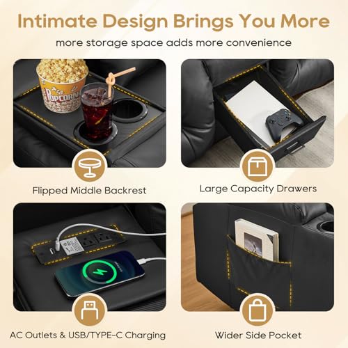 Image of IPKIG 67 inch RV Loveseat Double Recliner Sofa with FILP Back Console, Storage Drawer, Side Pockets, Faux Leather Manual Reclining Chair Home Theater Seating (Black)