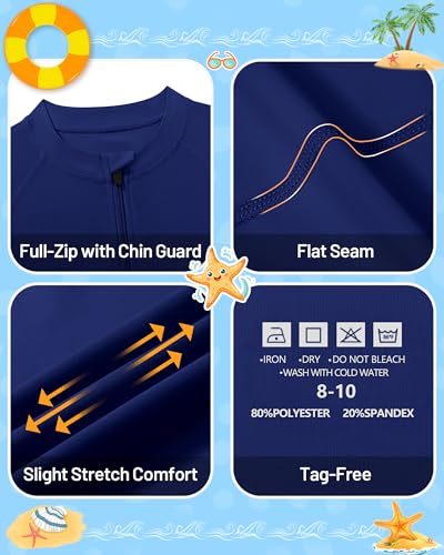 Image of Runhit Boys UPF 50+ Rash Guard Long Sleeve Zip Up 2T to Youth UV Sun Protection Shirt for Beach Surf Fish Quick Dry