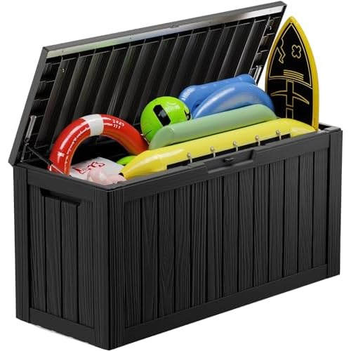 80 Gallon UV Resistant Outdoor Storage Box Waterproof, Lockable Resin Deck Box for Garden Tools, Sports Equipment and Cushions, Black