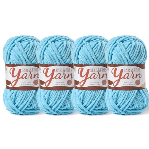 Image of 4 Pack Fluffy Velvet Yarn for Crocheting，Baby Blanket Yarn for Crocheting Soft，200g(262.4yds) Amigurumi Yarns，Plush Chenille Crochet Yarns，Puzzle Yarn for Crochet Weaving Craft(4 Azure)