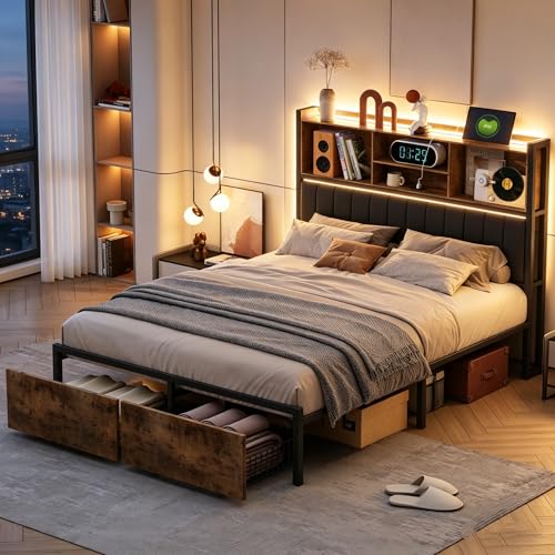 BRILVERDE Cama metálica 140x200 con Almacenaje, Cama matrimonial con Toma USB y luz LED, con 2 cajones, Cabecero Acolchado y Base de Láminas, PU (Negro, 140 x 200 cm)