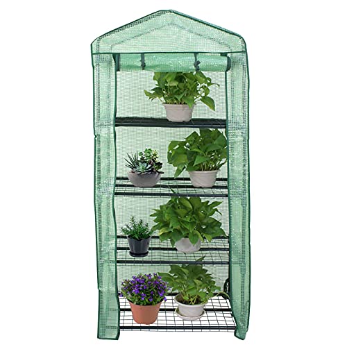 Nouva 4 Tier Mini Greenhouse CompactÂ with PE Cover Metal Frame Hot Green House for Potted Plants Flowers 27.25-Inches(L) X 19-Inches(W) x 63-Inches(H) Green
