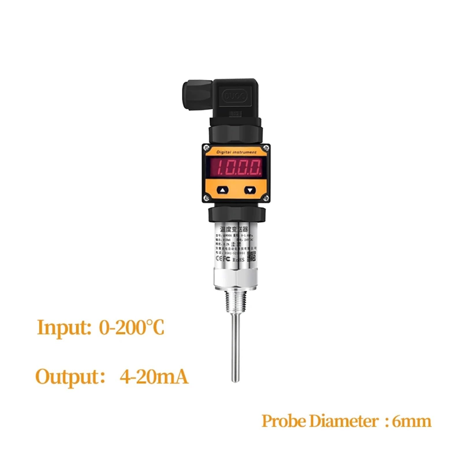 Sensor de Temperatura PT100, sonda de Acero Inoxidable 304, Rosca M20*1.5, 4-20 mA, 0-10 V, 0-5 V, convertidor de señal de Temperatura RS485.(Led 0-200c to 4-20ma,50mm)