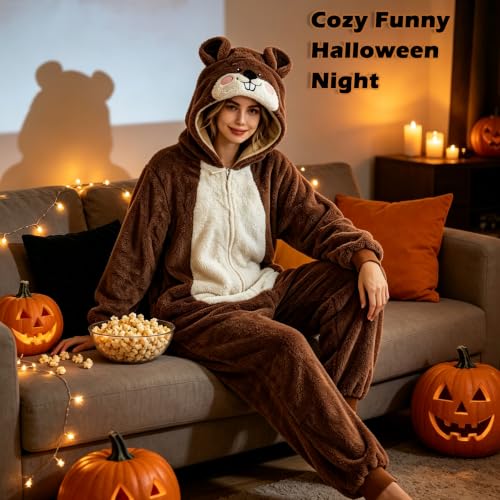 Kgromfy Unisex Adult Onesie Groundhog Pajamas Halloween Costume Animal Cosplay One-Piece Plush Sleepwear Novelty Jumpsuit Brown XL — view 5