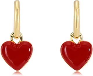 Red Heart Dangle Earrings for Women, Small Enamel Heart Huggie Earrings Vintage Gold Plated Heart Charm Earrings for Christmas New Year gift