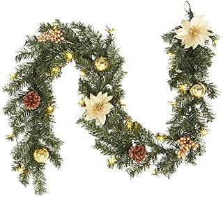 Adeeing Artificial Christmas Garland with 20 LED Lights, 6 FT Pre-lit Gold Garland with Pine Cone Baubles Berry ON/OFF Lighted Wreath for Door Fireplace Stairs Table Decoration