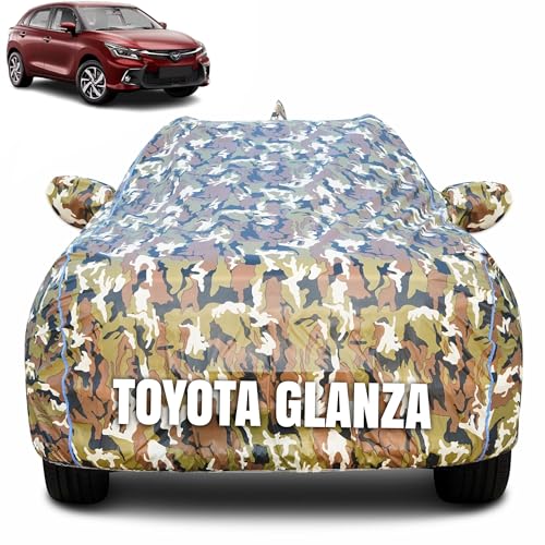 Image of 100% Waterproof Car Body Cover for Toyota Glanza (2022-2025) with Mirror Pocket (Heat & UV Resistant, Triple Stitched, Soft Lining, Bottom Elastic & Piping) Camouflage, Military Print