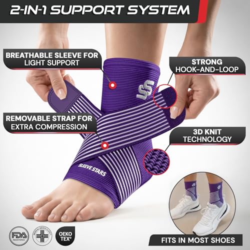Image of Sleeve Stars Ankle Brace for Women & Men, Ankle Wrap for Sprained Ankle, Compression Sleeve for Plantar Fasciitis Relief, Easy Customizable Support: w /Removable Strap (Pair /M:10 inch-12 inch /Dark Purple)