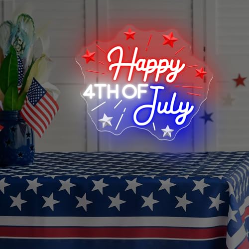 Image of Happy 4TH of July Decors Neon Sign Happy Independence Day Led Sign 4th of July Celebration Light Patriotic Welcome Memorial Day Decoration, 15.4 inchx13 inch