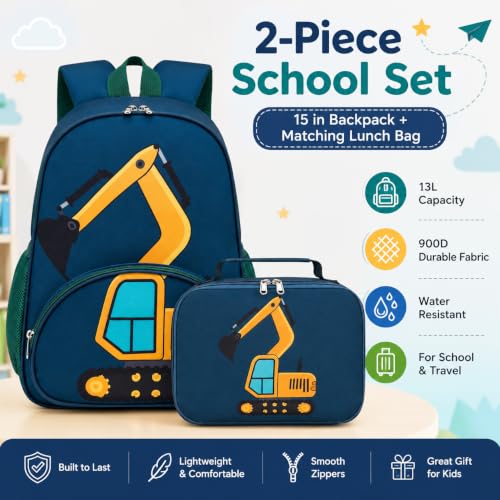 Image of LOIDOU Kids Backpack with Lunch Box Set, Toddler Preschool Boys Backpack with Chest Strap, Water resistant 15 Inch Excavator Backpack LunchBox Combo for Kindergarten Daycare Travel