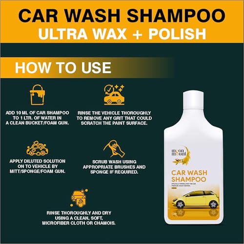 Image of Moon & Mount Car Wash Shampoo 1L | Lemon | pH 7.0 | Ceramic & PPF Safe 90%+ foam in hard water. 4-min panel cling. 160+ washes at 30ml. Foam cannon & bucket. Matte safe. Bike & SUV compatible.