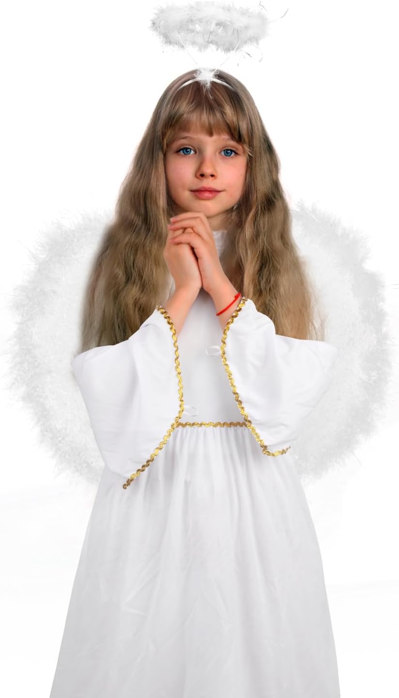 Angel Costume for Kids, Heavenly White Angelic Gown with Wings Headband for Girls Christmas Cosplay Party