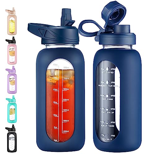 Image of CIVAGO 32 oz Glass Water Bottle with Straw and Handle, Large Sports Motivational Water Bottle Flask with Time Marker and 2 Lids, Leakproof Water Jug Canteen with Silicone Sleeve for Gym,Navy