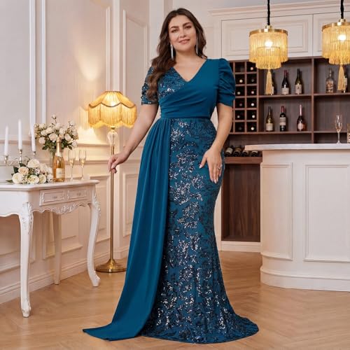 Image of Elegant Women's Formal Dress Wedding Guest Puff Sleeve Mermaid Ball Gowns Court Train Plus Size Sequin Long Dresses