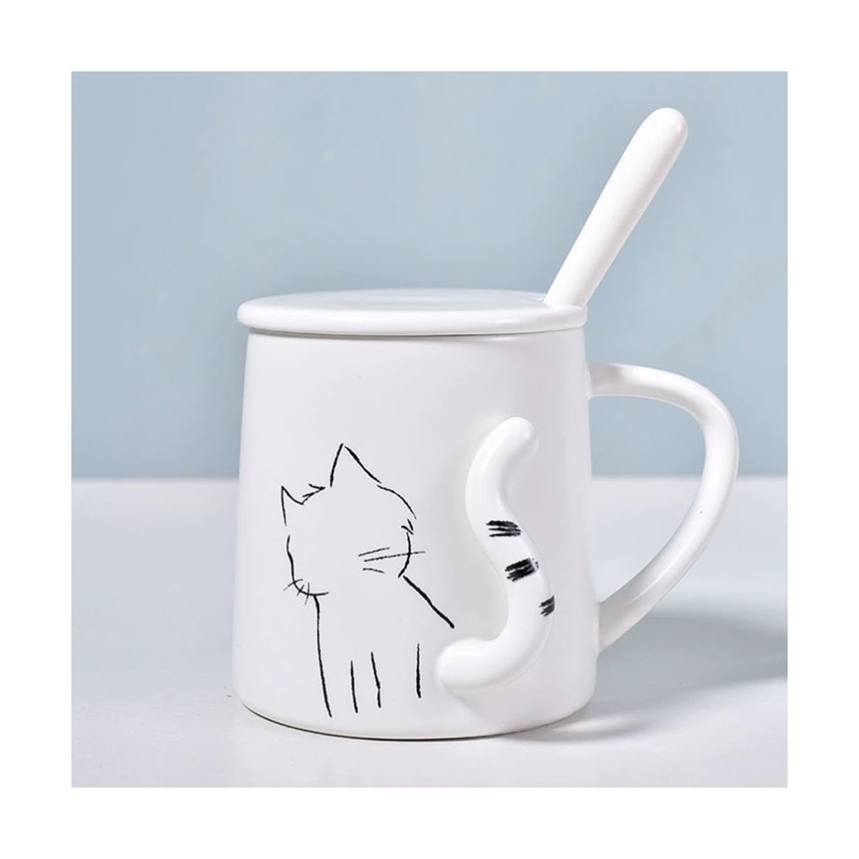Taza de café Redonda de cerámica Blanca con Tapa y Cuchara, 350 ml/11,8 oz
