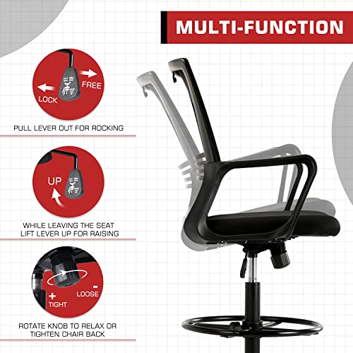 Homefla Mid-Back Mesh Drafting Chair - Tall Office Chair With Armrest Standing Desk Chair Counter Height With Adjustable Foot Ring (Black) #TOP6